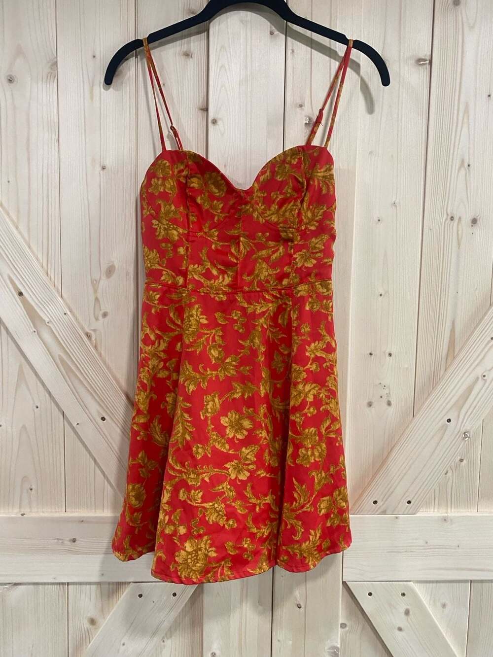 Urban Outfitters Red Mini Dress with Gold Floral Print